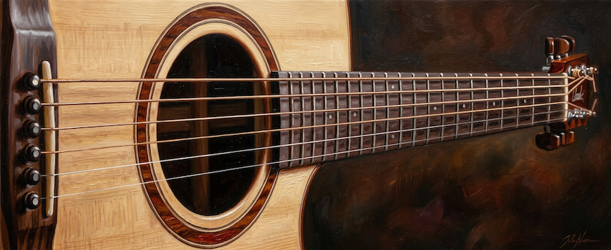 Musiker 1 Oelgemaelde einer akustischen Gitarre mit detailliertem Schallloch und Saiten